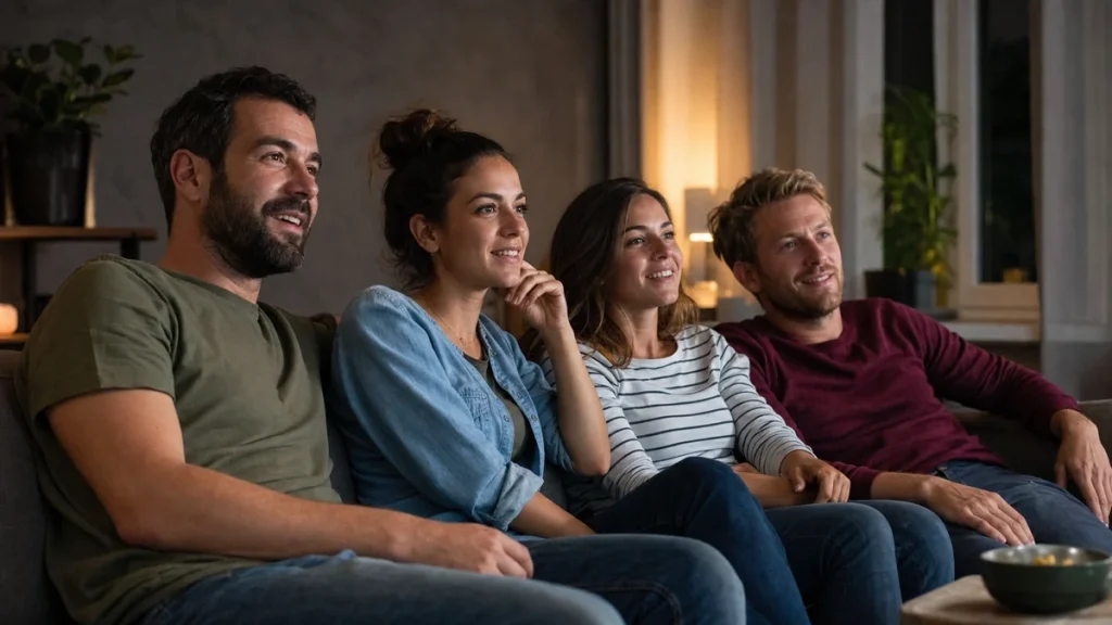 Quatre personnes regardant la télévision ensemble